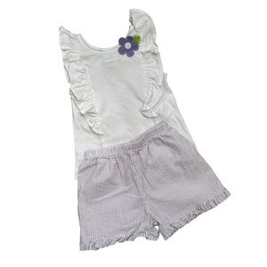 Florence Eiseman Girl’s Summer Two Piece Set Shorts Purple Flower Appliqué